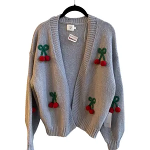 Luna Ivy Grey Blue Chunky‎ Knit Cherry Cardigan Sweater NWT Womens Small thumbnail 2