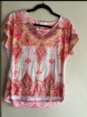 Sundance Pink Coral & Yellow Geometric Scoop Neck Tee Vibrant Boho size large thumbnail 1