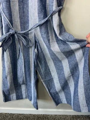 Beach Lunch Lounge Linen Blend Cropped Jumpsuit Blue Stripe Wide Leg Coastal Lg thumbnail 7