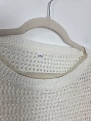 Ivory Cream Loose Knit Swim Cover Up Long Sleeve Sheer Cottagecore Beach Boho L thumbnail 7