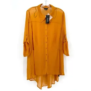 City Chic Tunic Womens 18 Gold High-Low Sheer Roll-Tab‎ Sleeve Boho Minimalist thumbnail 3