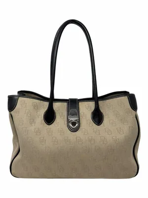 Dooney & Bourke Monogram Canvas Tote Bag Beige Black Leather Shoulder Bag thumbnail 1