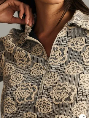 Anthropologie Maeve Floral Jacquard Zip Neck Polo Top Black Cream Size XS thumbnail 4