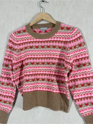 NWT J. Crew Shrunken Fair Isle Crewneck Sweater Lambswool Blend in Pink Brown M thumbnail 4