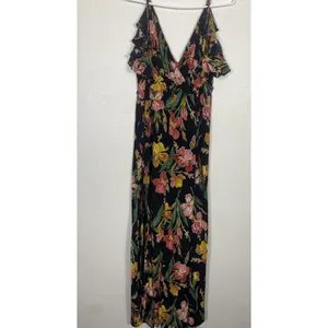Privacy Please Black Floral Ruffle Maxi Dress Adjustable Straps V-Neck Size S thumbnail 6