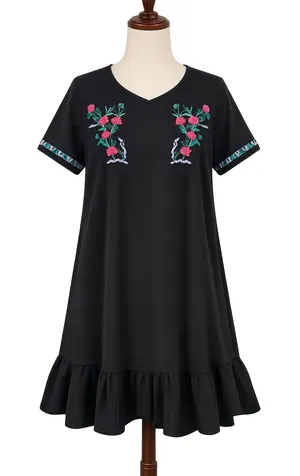 Entro Black Embroidered Boho Floral Ruffle Hem Mini Shift Dress Womens Medium thumbnail 1