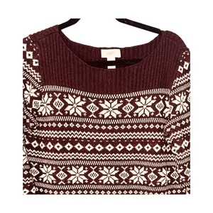 Loft Sweater Womens Size M Burgundy Fair Isle Long Sleeve Pullover Snowflake thumbnail 5
