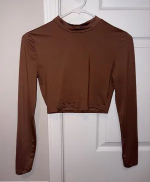Women's Brown Long-Sleeve Mock Neck Crop Top thumbnail 1