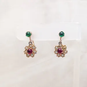 Vintage Screw On Earrings Green, Red, Clear, Gold Tone Regal Dangle Earrings thumbnail 2