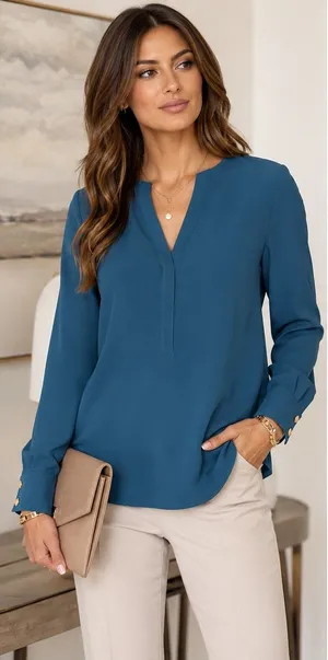 Trina Turk Blouse Women SM Teal Blue Split Neck Gold Button‎ Cuff Crepe Tunic thumbnail 1
