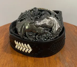 Western Black Leather Belt With Buckle Featuring Two Kissing Horse Heads thumbnail 1