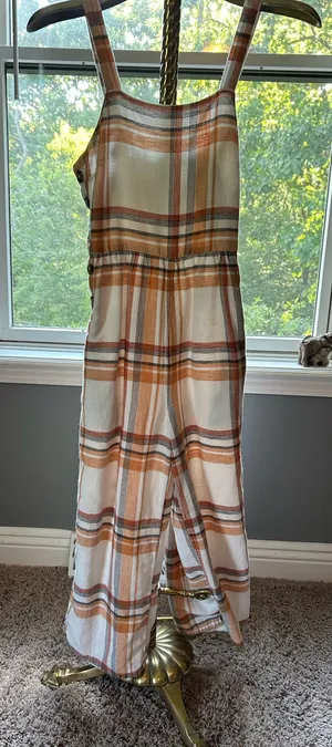 American Eagle white and orange plaid pattern jumpsuit thumbnail 1