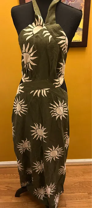 Loft Beach Green Linen Sun Print Cut Out Tie Back Halter Long Dress Size 10 thumbnail 2