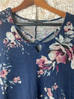 Three Hearts Navy Cold-Shoulder long sleeve Floral boho romantic dress M thumbnail 2