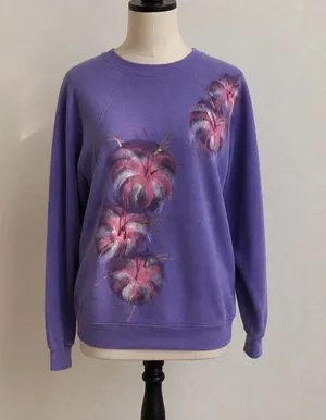 Vintage Purple Floral Hand Painted Sweatshirt Crewneck Fits Medium 80s 90s thumbnail 1