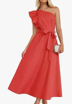 Zesica‎ Red One Shoulder Belted Ruffle Midi Dress Size XL thumbnail 1