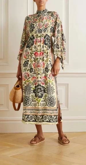 Farm Rio Romantic Garden Tie Sleeve Floral Print Fringed Mock Neck Maxi Dress M thumbnail 1