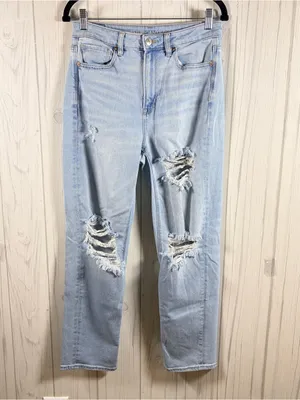 AMERICAN EAGLE High Rise Distressed Mom Straight Jeans, Size 6, Light Wash thumbnail 3