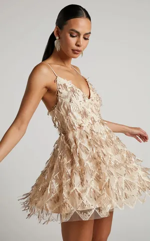Showpo NWT Khrizza Sequin Gathered Mini Dress Gold Size 2 Eras Tour Taylor Swift thumbnail 1