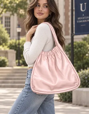 Lulu Dharma Pink Leather Ruched Tote Bag Shoulder Purse Gold Hardware thumbnail 1