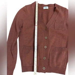100% Merino‎ Wool Cardigan Sweater Brown Button Front Pocket Classic Sz XS thumbnail 7