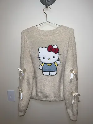 Hello‎ Kitty Bow Sleeve Fuzzy Cardigan Cream Sanrio S/M NWT thumbnail 2