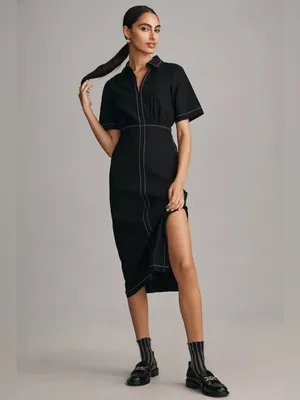 Anthropologie Size 2 Black Slim Midi Shirt Dress Business Casual Office Slit thumbnail 2