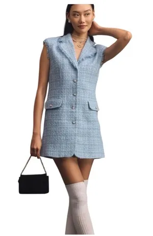 Maeve Anthropologie Blue Tweed Pearl Button Blazer Mini Dress NWOT Size 8 thumbnail 1