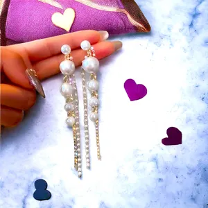 Faux Pearl Shiny Rhinestone Chain Tassel Design Dangle Earrings Elegant‎ thumbnail 6