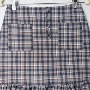 Mooyen Plaid Mini Skirt M Gray Brown School Girl Y2K Academia Ruffle Hem Butt thumbnail 3