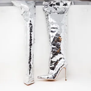 NEW Azalea Wang Shattered Disco Over The Knee High Heels Boots Shoes Silver 6 thumbnail 1