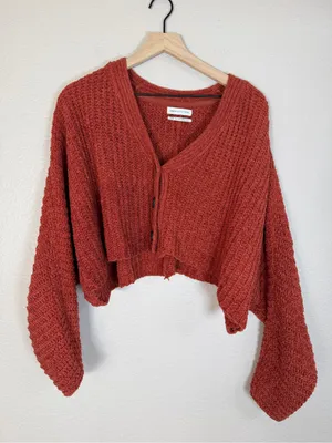 Urban Outfitters Ribbed Cozy Cropped Button Front Cardigan Sweater Burnt Orange thumbnail 2