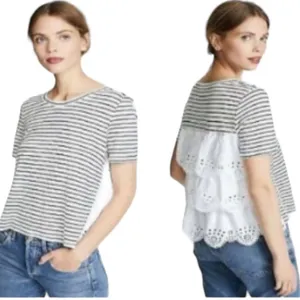 Joie Linen Eyelet Nautical Striped Cottage Scalloped Tiered Short Sleeve Top S thumbnail 2