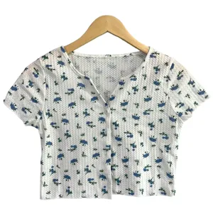 Blue Floral Cropped Button Front Baby Tee Cardigan Top Women's Small Cottage thumbnail 4