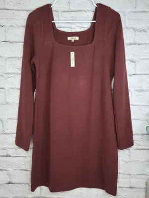 NWT Madewell Ribbed Bodycon Mini Dress Large Burgundy Square Neck Long Sleeve thumbnail 1