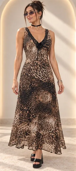 Haute Monde Maxi Dress Leopard Print V-Neck Lace Trim Tie Back Size S Brown thumbnail 1