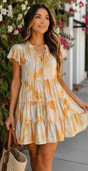 Olivaceous Good Karma Tiered Babydoll Boho Floral Mini Dress Size Medium thumbnail 1