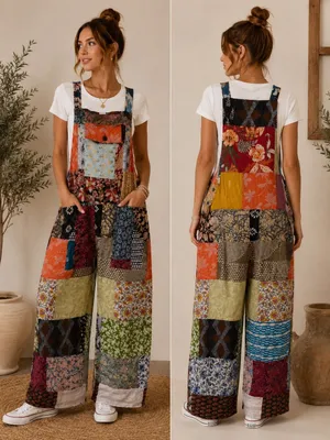NWT Ashley Taylor Patchwork Colorful Bohemian Adjustable Overalls One Size Red thumbnail 2