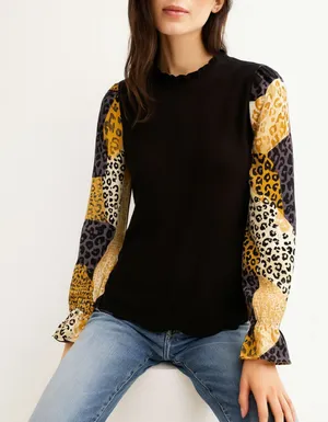 THML Animal Print Sleeve Ribbed Mock Neck Balloon Top Chic Ruffle Coquette L thumbnail 1
