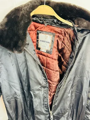 Andrew Marc Black Trench Coat with Brown Fur Collar thumbnail 4