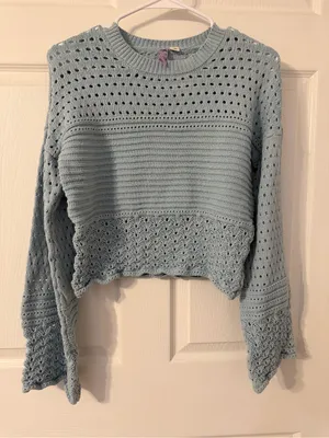 NWOT Francesca's Collections Pastel Blue Crochet-Textured Crew Sweater thumbnail 1