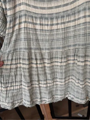 Anthropologie babydoll mini dress puff sleeve square neck sage striped textured thumbnail 6