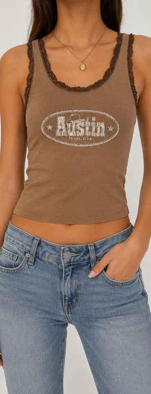 Hollister Austin Texas Lace Trim Tank Top XS Brown Western Y2K Baby Tee thumbnail 1