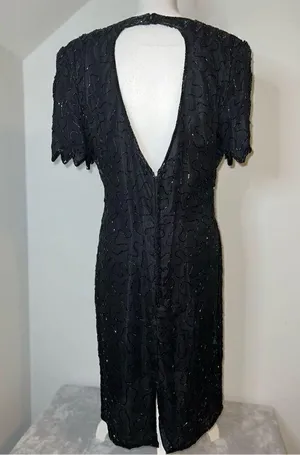 100% Silk Vintage Women’s Black Beaded Open Back MIDI Dress LARGE thumbnail 1
