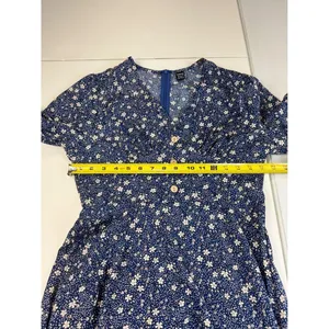 Droimp Blue Floral Print‎ Button Up V Neck Short Sleeve Midi Dres M thumbnail 4