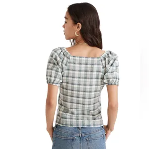 Madewell Plaid Puff Sleeve Ruched Bodice Green White Milkmaid Top Xs thumbnail 3
