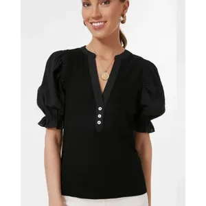 Tuckernuck Pomander Place Livia Top Small Black Henley Puff Sleeve Knit Ribbed thumbnail 3
