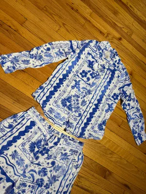 Joie Linen Matching Set Blue/White Floral Two-Piece Pantsuit Coord L/XL coastal thumbnail 3