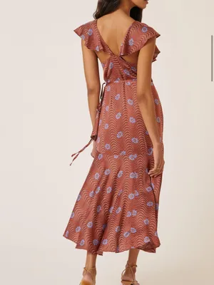 Anthropologie Ruffle-Sleeve Printed-Wrap Rust Midi Dress with Blue Floral Print thumbnail 2