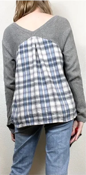 Anthropologie Moth Grey Handkerchief Hem Plaid Back Sweater thumbnail 1